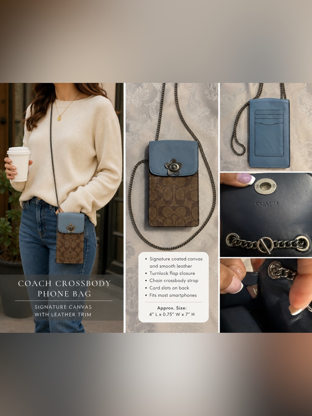 Coach F72996 North South Signature Canvas Phone Crossbody TeaRose Turn Lock Blue